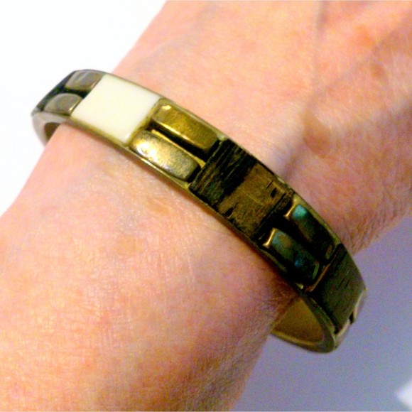 Vintage Boho Inspired Wood and Bone Inset Brass Bangle - Picture 4 of 4